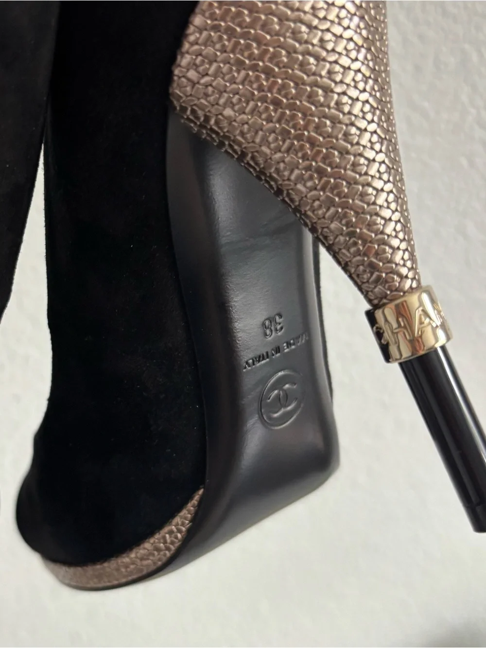 Authentic Chanel 4.5in Black Suede Heels with Rose Gold Patterned